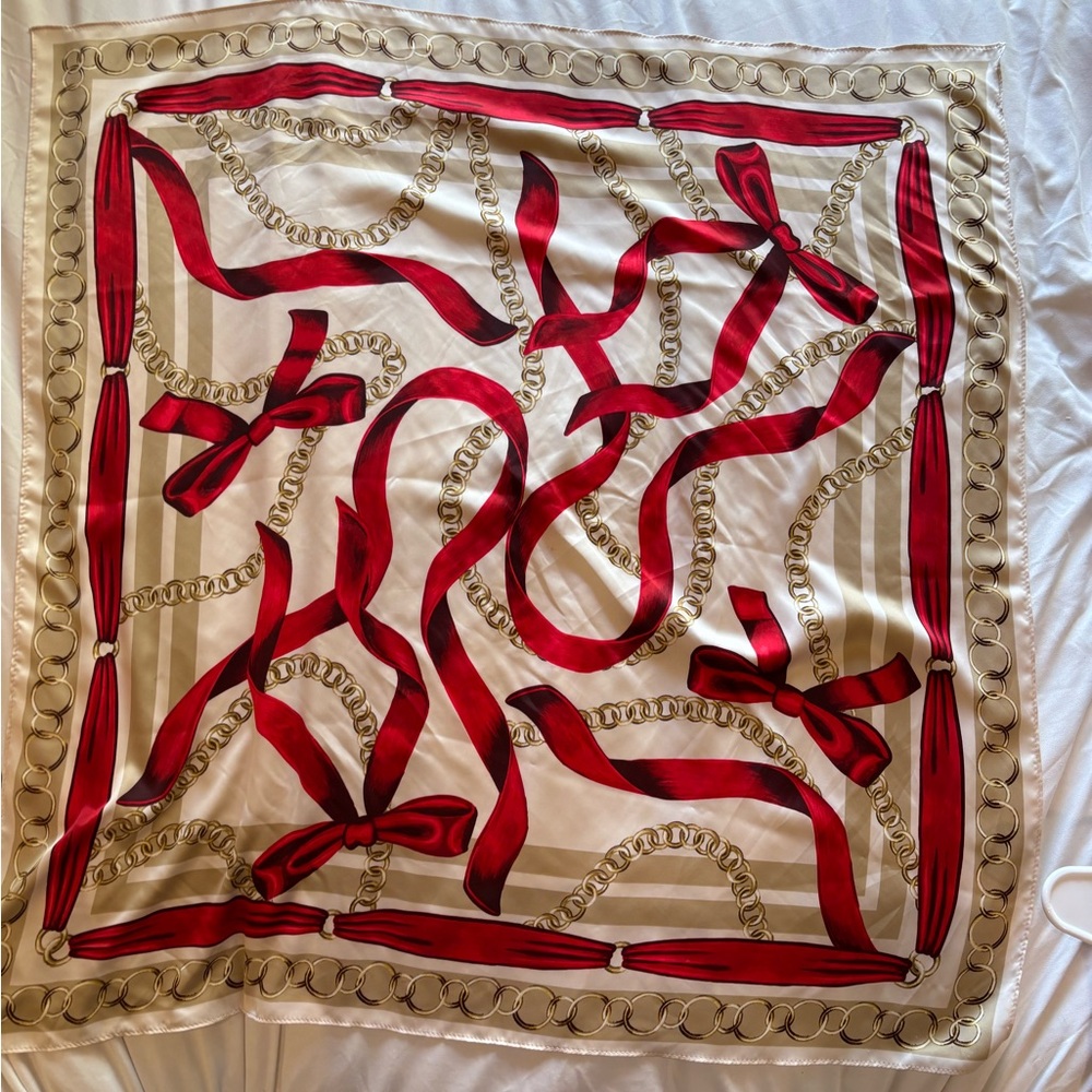 Silk Red Ribbon & Gold Chain Square Scarf, similar to Cartier but no tag 30x31”